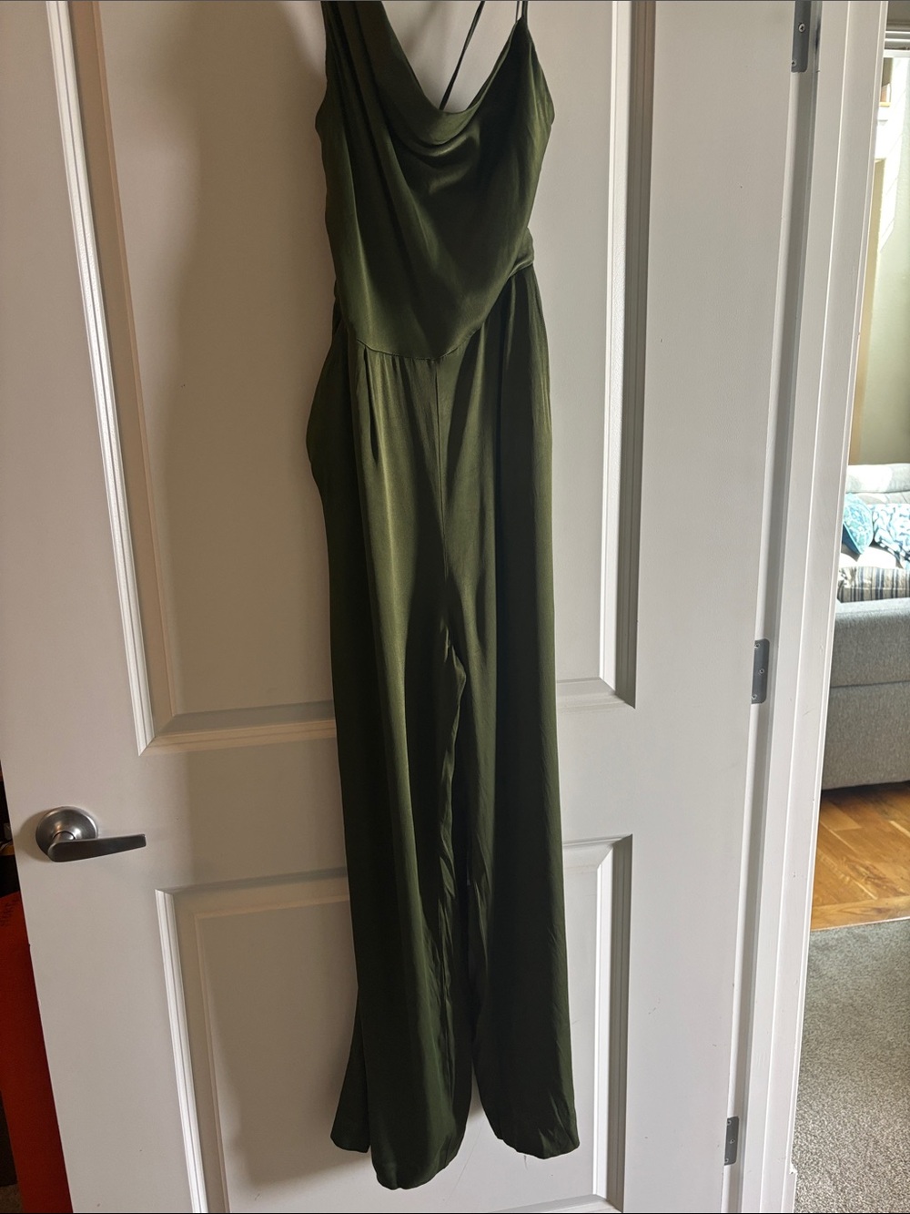 Anthropologie Olive Satin Cowl-Neck Jumpsuit